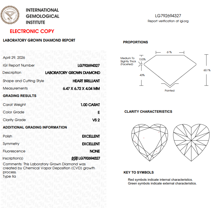 1 CT White Heart Shape Lab Grown Diamond