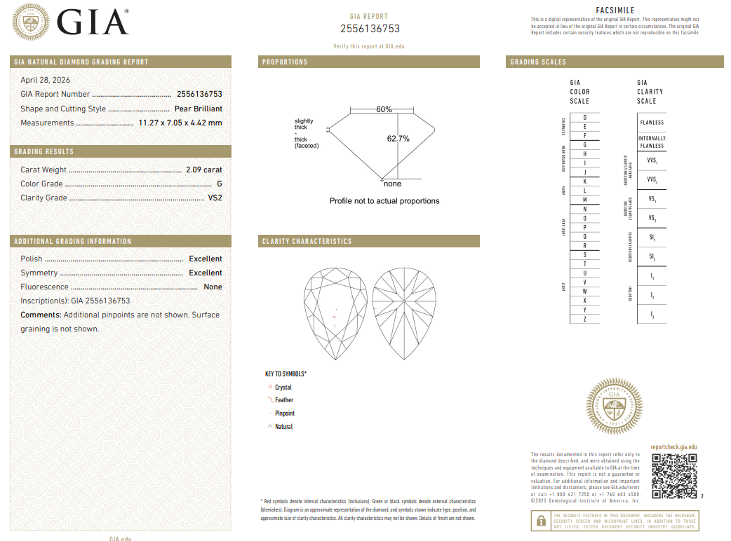 Certified White Diamond Pear 2.09 CT