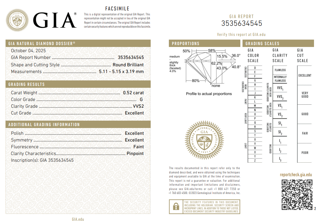 Certified White Diamond Round 0.52CT