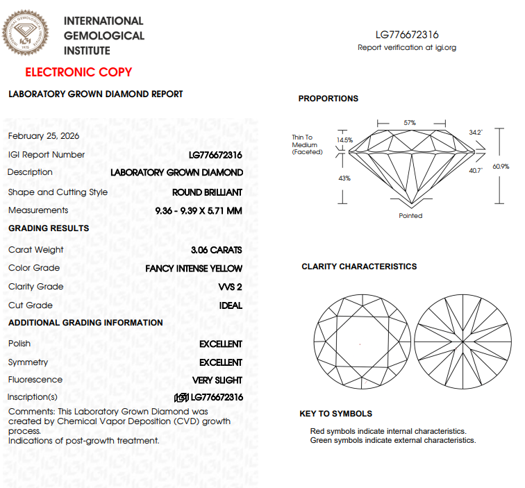 3.06 CT Fancy Intense Yellow Round Lab Grown Diamond