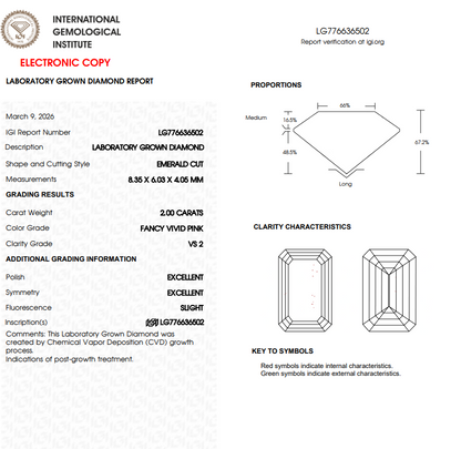 Fancy Vivid Pink Emerald Cut Lab Grown Diamond