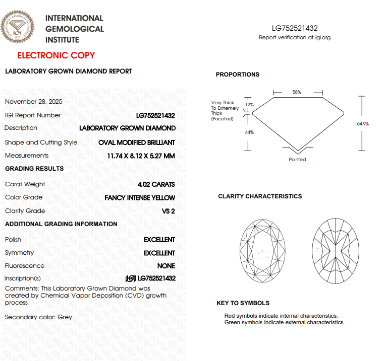 4.02 CT Fancy Intense Yellow Oval Lab Grown Diamond