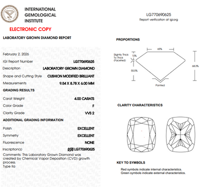 4 CT White Cushion Shape Lab Grown Diamond
