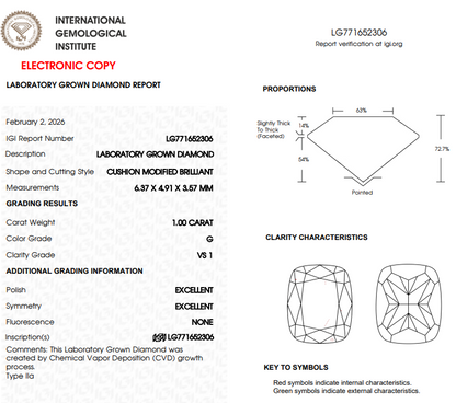 1 CT White Cushion Shape Lab Grown Diamond