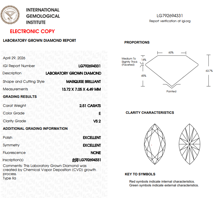2.51 CT White Marquise Shape Lab Grown Diamond