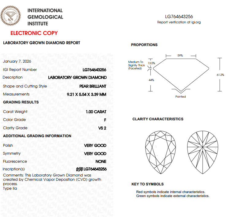 1 CT White Pear Shape Lab Grown Diamond