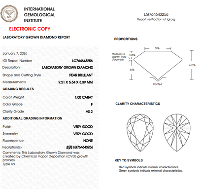 1 CT White Pear Shape Lab Grown Diamond