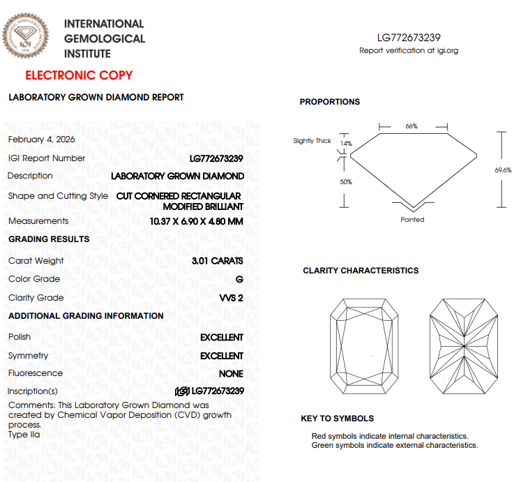 3.01 CT White Radiant Cut Lab Grown Diamond