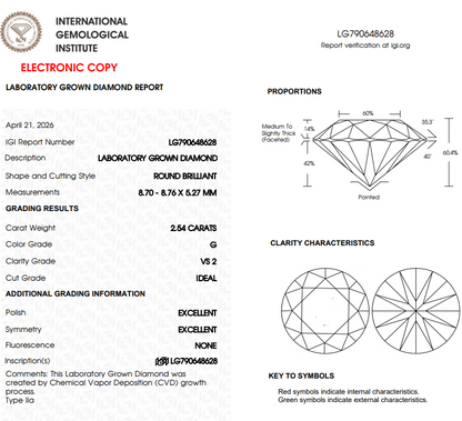 2.54 CT White Round Lab Grown Diamond