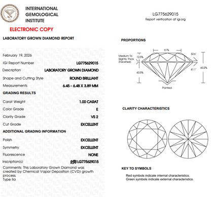 1 CT White Round Lab Grown Diamond